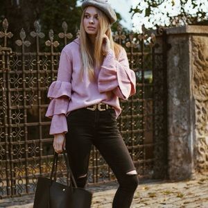 NWT SHE + SKY Sweater purple tiered sleeves L